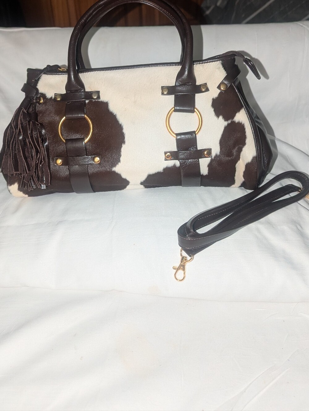 Brown And Whitr Hair On Cowhide Satchel with Dark Brown Trim and Gold Rings Y2K